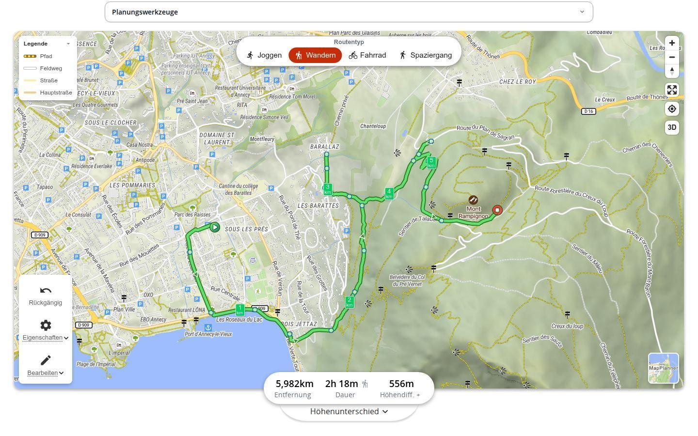 Wanderroute vom Ufer des Lac d'Annecy hinauf zum Mont Rampignon in MapPlanner, mit Statistikleiste: 5,98 km, 2 Std. 18 Min. und 556 Höhenmeter im Aufstieg