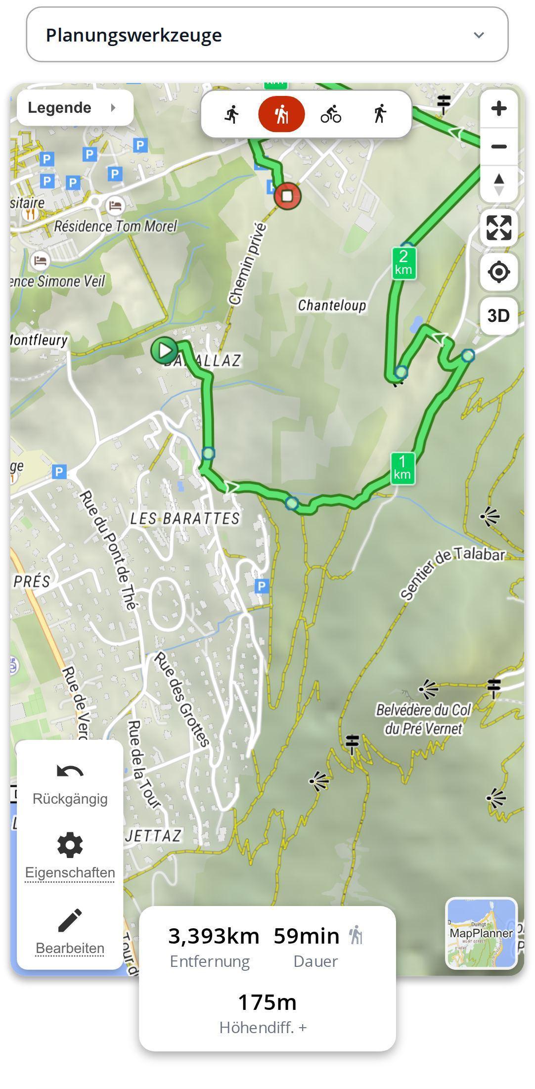 Wanderroute wird auf dem Smartphone in MapPlanner gezeichnet, die Statistikkarte zeigt 3,4 km, 59 Min. und 175 Höhenmeter im Aufstieg