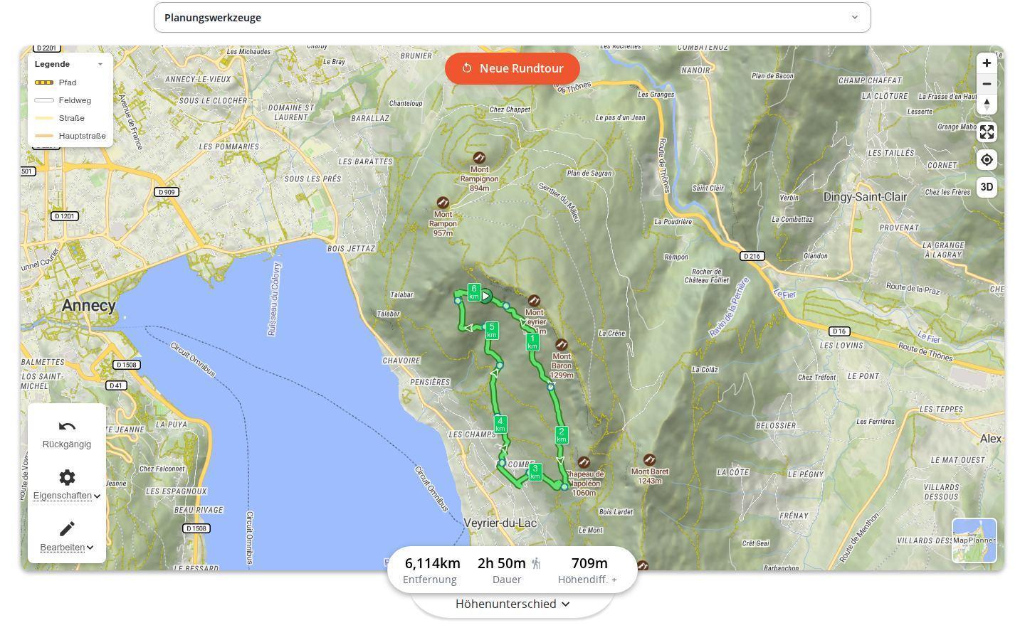 Automatisch erstellte Rundwanderung zwischen Mont Veyrier, Chapeau de Napoléon und Mont Baron oberhalb von Annecy in MapPlanner, mit der Schaltfläche für eine neue Rundtour und den Statistiken: 6,1 km, 2 Std. 50 Min. und 709 Höhenmeter im Aufstieg