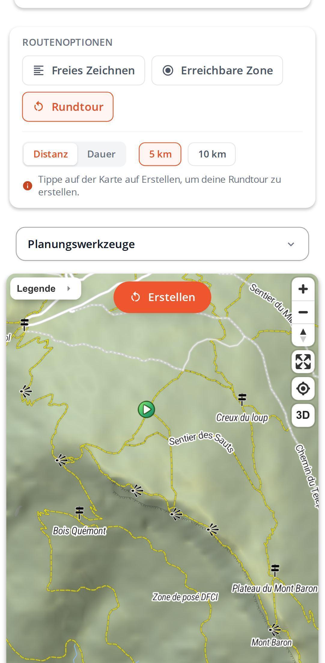 Rundtour-Optionen auf dem Smartphone in MapPlanner: Rundtour-Modus ausgewählt, Auswahl zwischen Distanz und Dauer, Werte 5 km und 10 km mit der Schaltfläche zum Erstellen auf der Karte neben dem Startpunkt
