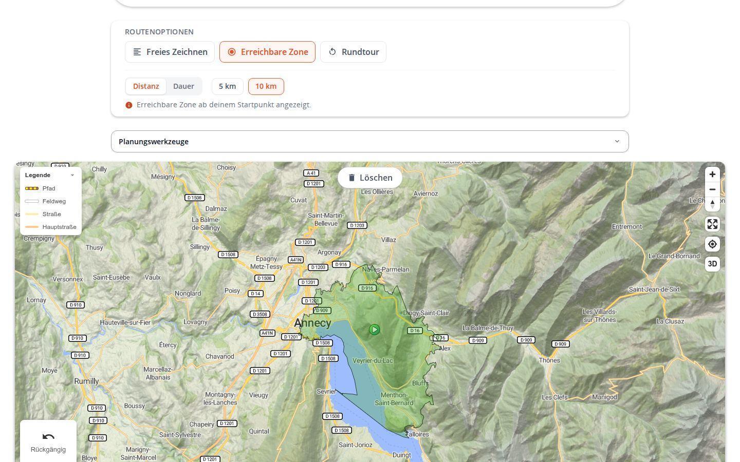 Erreichbare Zone grün eingefärbt rund um einen Startpunkt im MapPlanner-Planer am Computer, mit ausgewähltem Modus für die erreichbare Zone und dem Wert 10 km