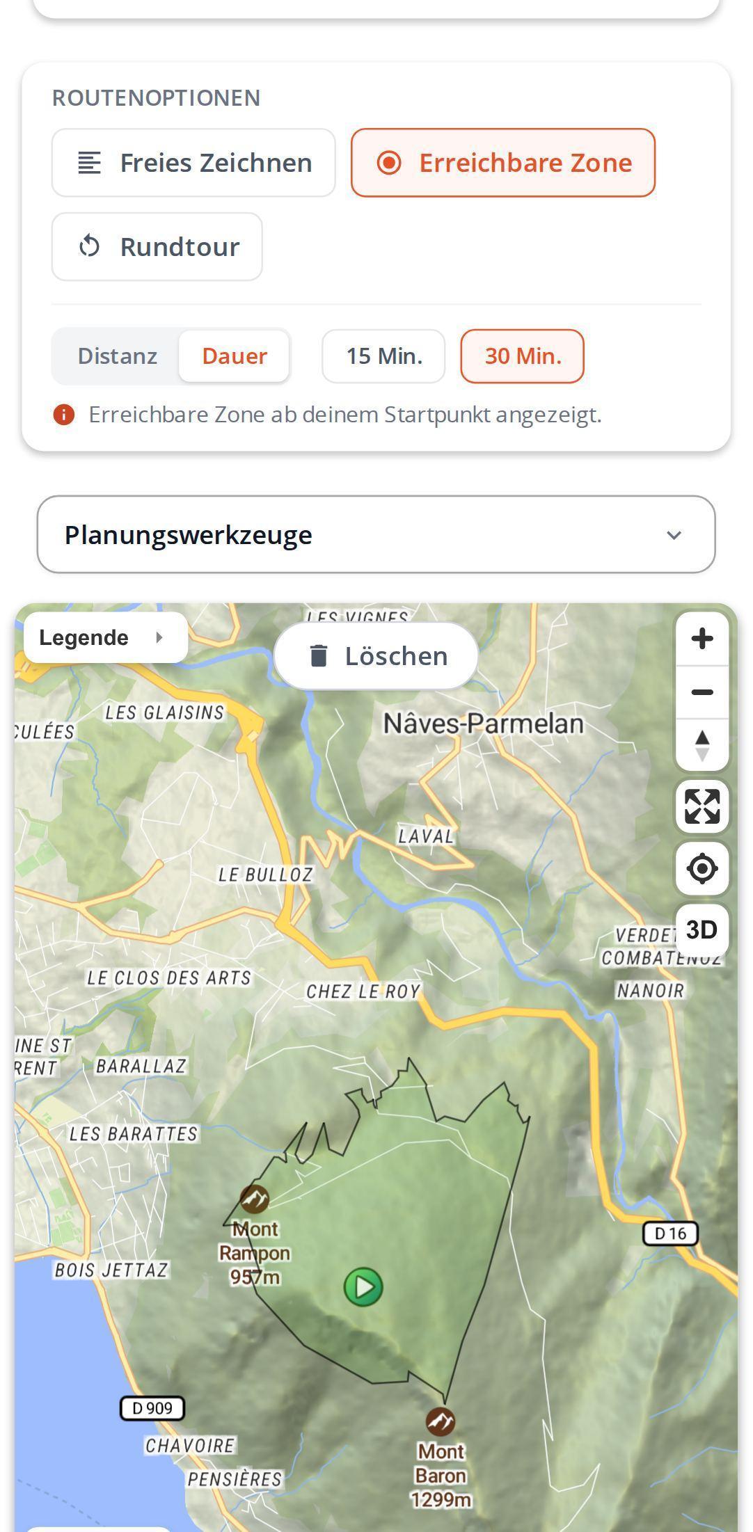 Routenoptionen auf dem Smartphone in MapPlanner: erreichbare Zone ausgewählt, Wahl zwischen Distanz und Dauer, Werte 15 Min. und 30 Min. mit eingefärbter Zone rund um den Startpunkt