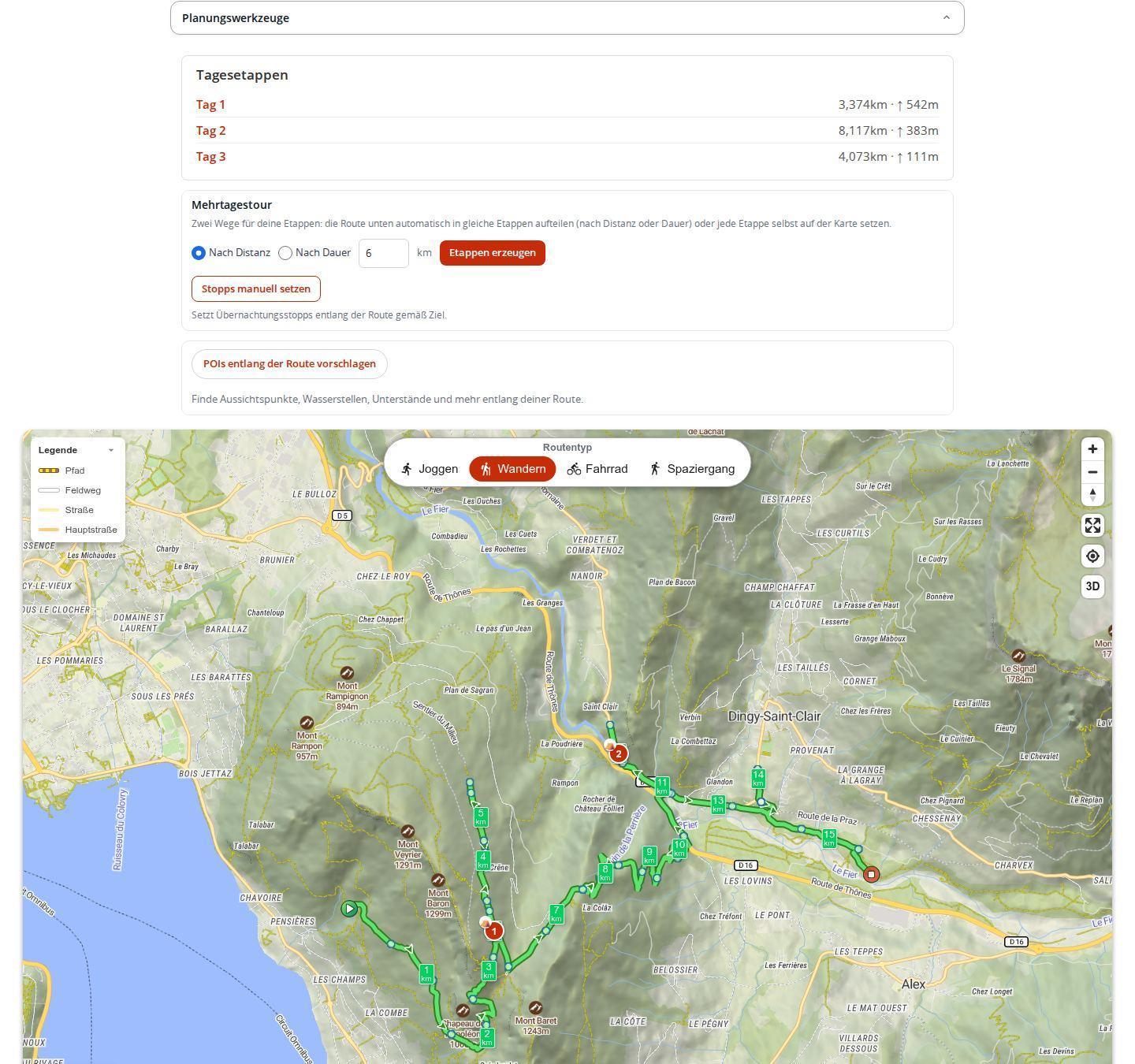 In Etappen aufgeteilte Mehrtageswanderung im MapPlanner-Planer am Computer, mit Übernachtungsstopps auf der Route und der Übersicht der Tagesetappen mit Tag 1, Tag 2 und Tag 3 samt Distanz und Höhenmetern