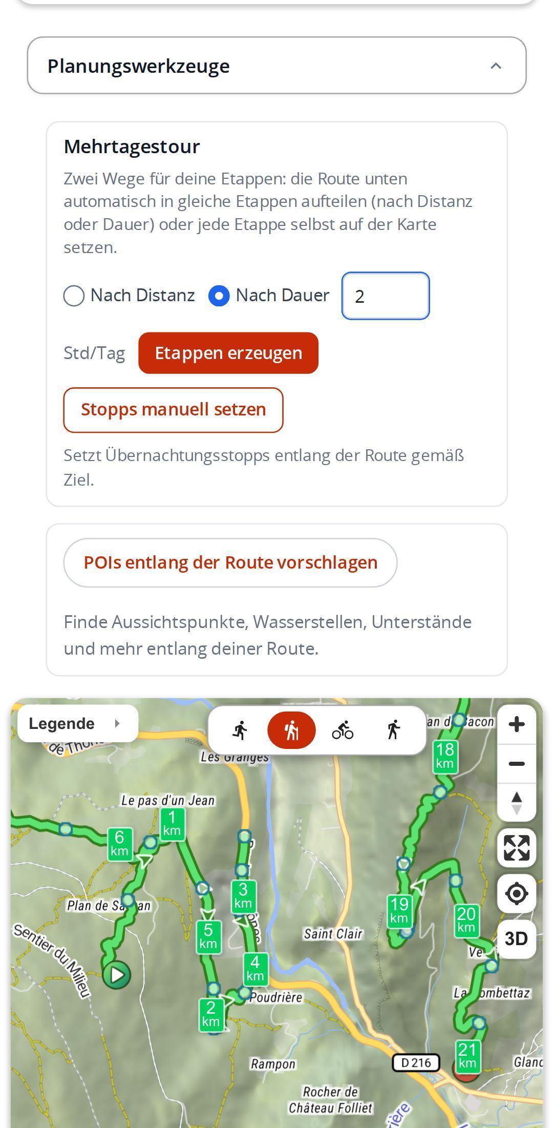 Block für Mehrtagestouren auf dem Smartphone in MapPlanner, mit der Wahl zwischen Distanz und Dauer, dem Wert in Stunden pro Tag und den Schaltflächen zum Erzeugen der Etappen oder zum Setzen von Hand