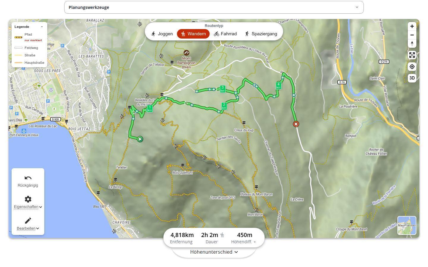 MapPlanner-Karte am Computer mit aktivierter Option für markierte Wege: markierte Wanderwege heben sich mit farbigem Rand ab, andere Wege sind abgeschwächt und die Wanderroute folgt der Markierung