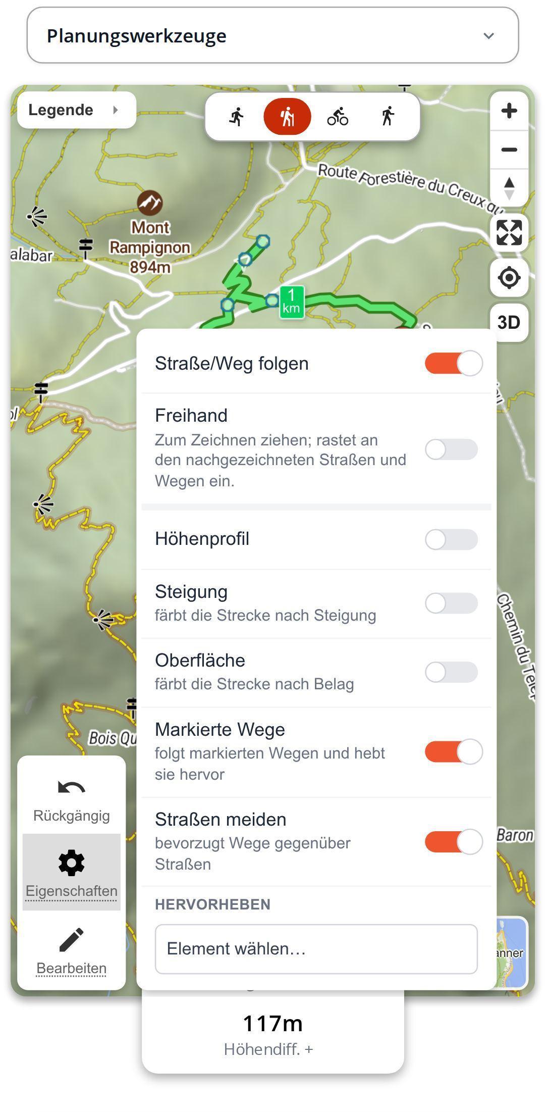 Geöffnete Karteneigenschaften auf dem Smartphone in MapPlanner mit aktivierten Schaltern für markierte Wege und zum Meiden von Straßen, über einer Karte mit hervorgehobenen Wanderwegen