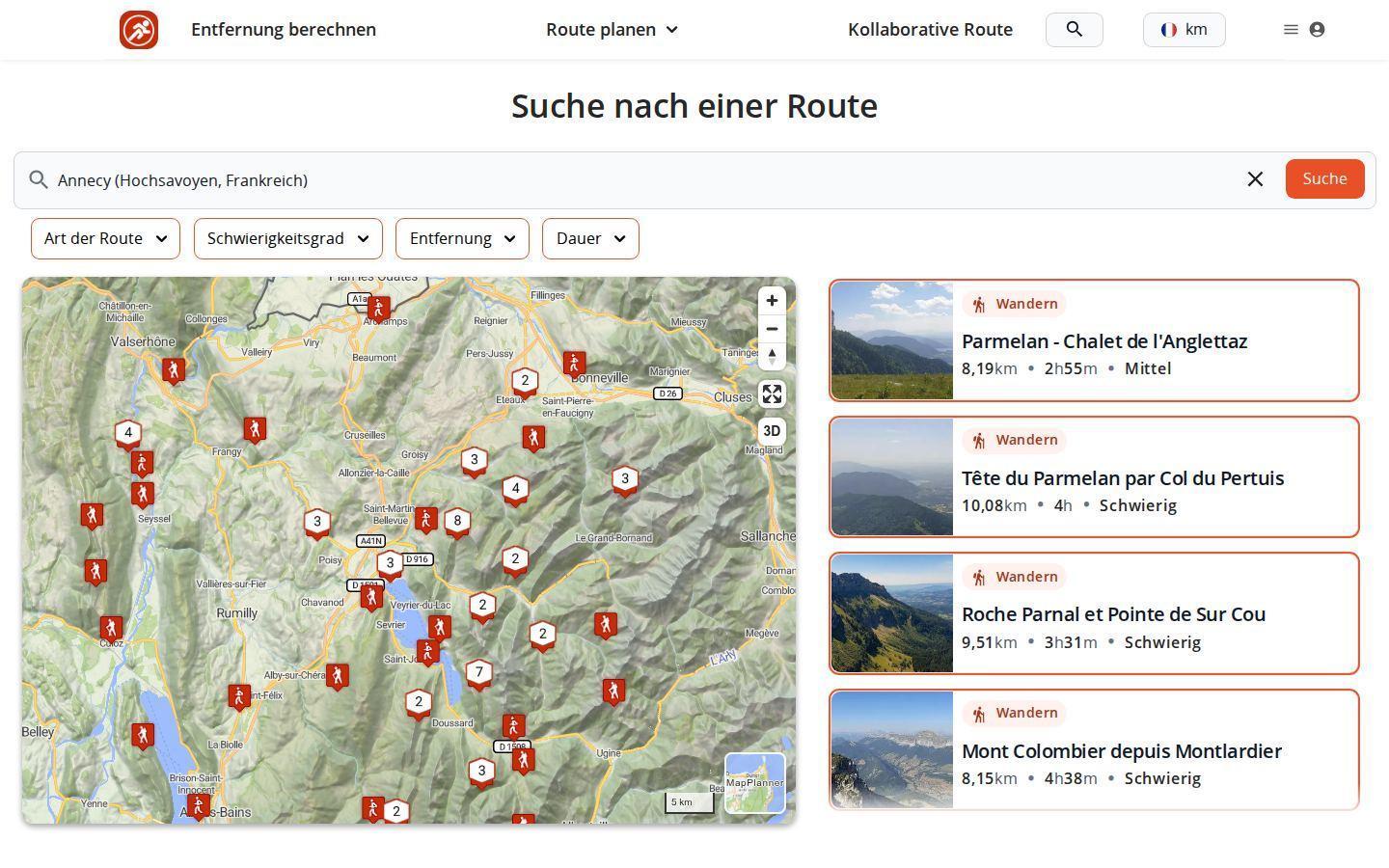 Tourensuche von MapPlanner am Computer: Karte der gefundenen Routen rund um Annecy, Ergebnisliste rechts und Filter nach Tourenart, Schwierigkeitsgrad, Entfernung und Dauer
