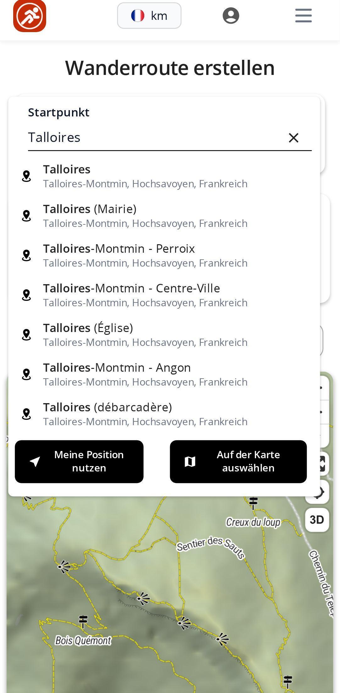 Ortssuche auf dem Smartphone im MapPlanner-Planer: Suchfeld mit der Vorschlagsliste und den Schaltflächen, um die eigene Position zu nutzen oder einen Punkt auf der Karte auszuwählen