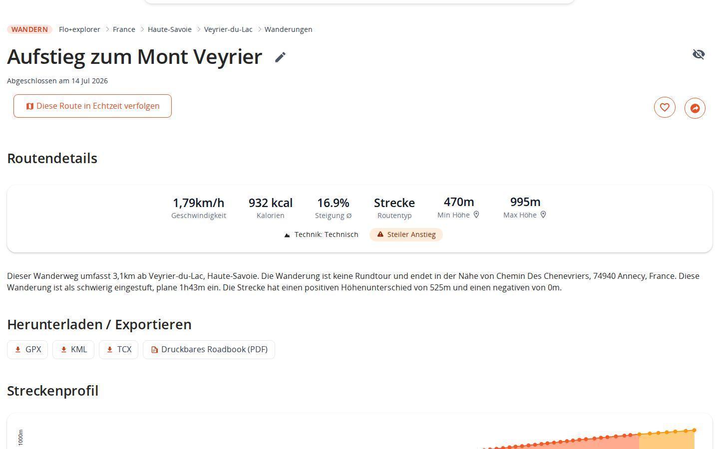 Routenseite in MapPlanner am Computer mit dem Download-Bereich und den Schaltflächen für GPX, KML, TCX und das druckbare PDF-Roadbook