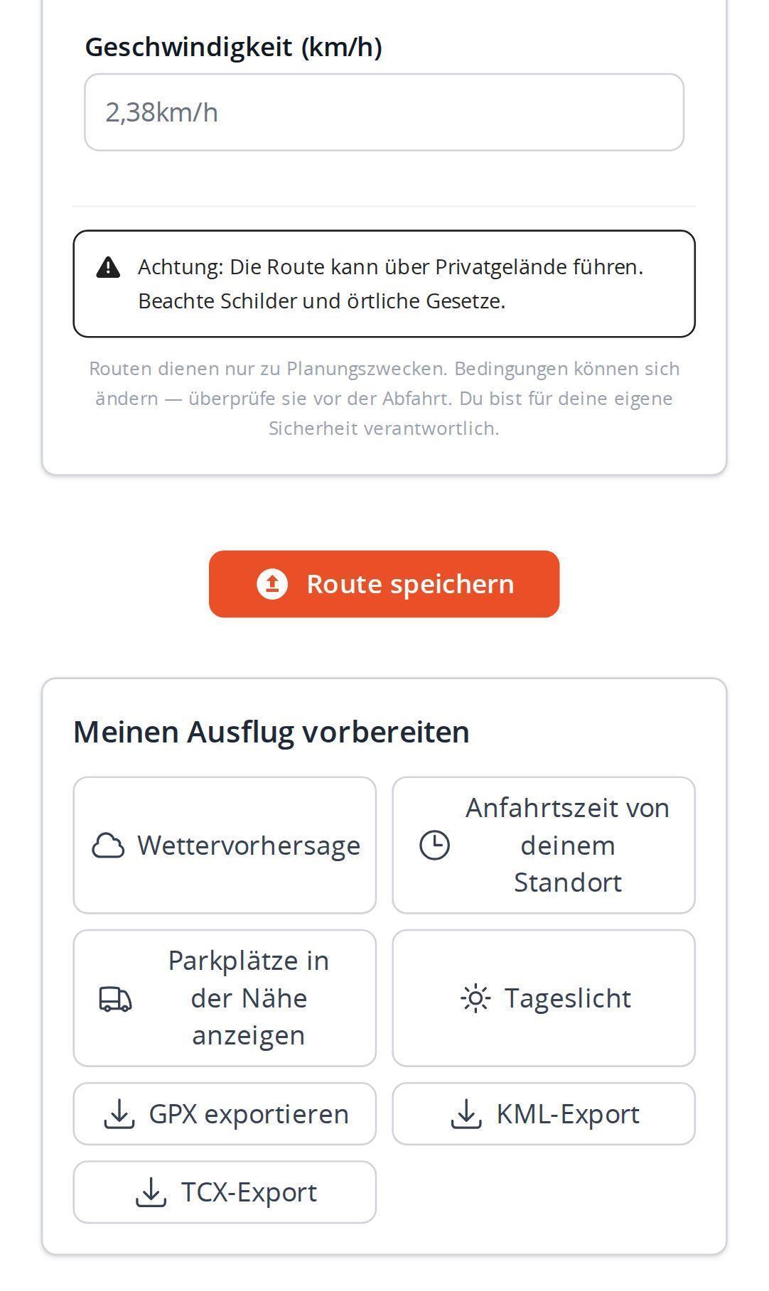 Exportoptionen auf dem Smartphone im MapPlanner-Planer mit den Schaltflächen für GPX, KML und TCX unter einer gezeichneten Route