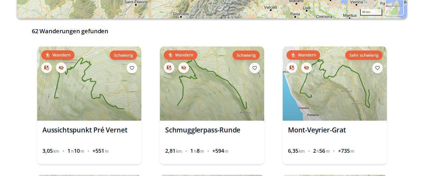 Liste geplanter Strecken in MapPlanner am Computer mit mehreren gespeicherten Wanderungen, ihrer Karte, Distanz, Dauer und ihren Höhenmetern