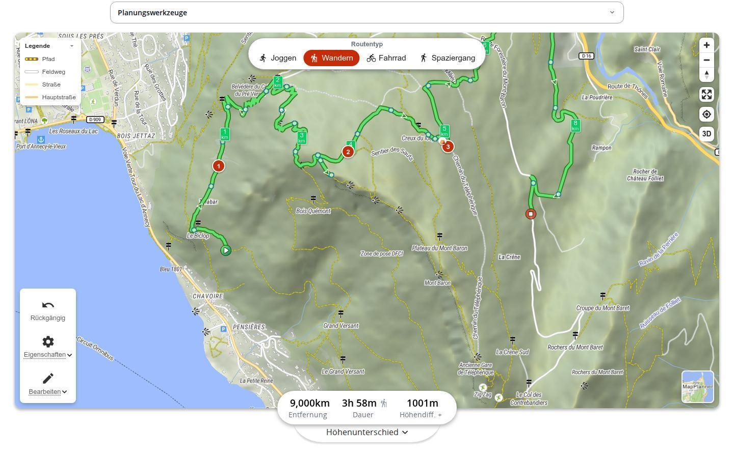 Wanderroute oberhalb des Lac d'Annecy in MapPlanner am Computer, mit drei nummerierten Etappen auf der Strecke und den Werten 9,0 km, 3 Std. 58 Min. und 1001 Höhenmeter im Aufstieg