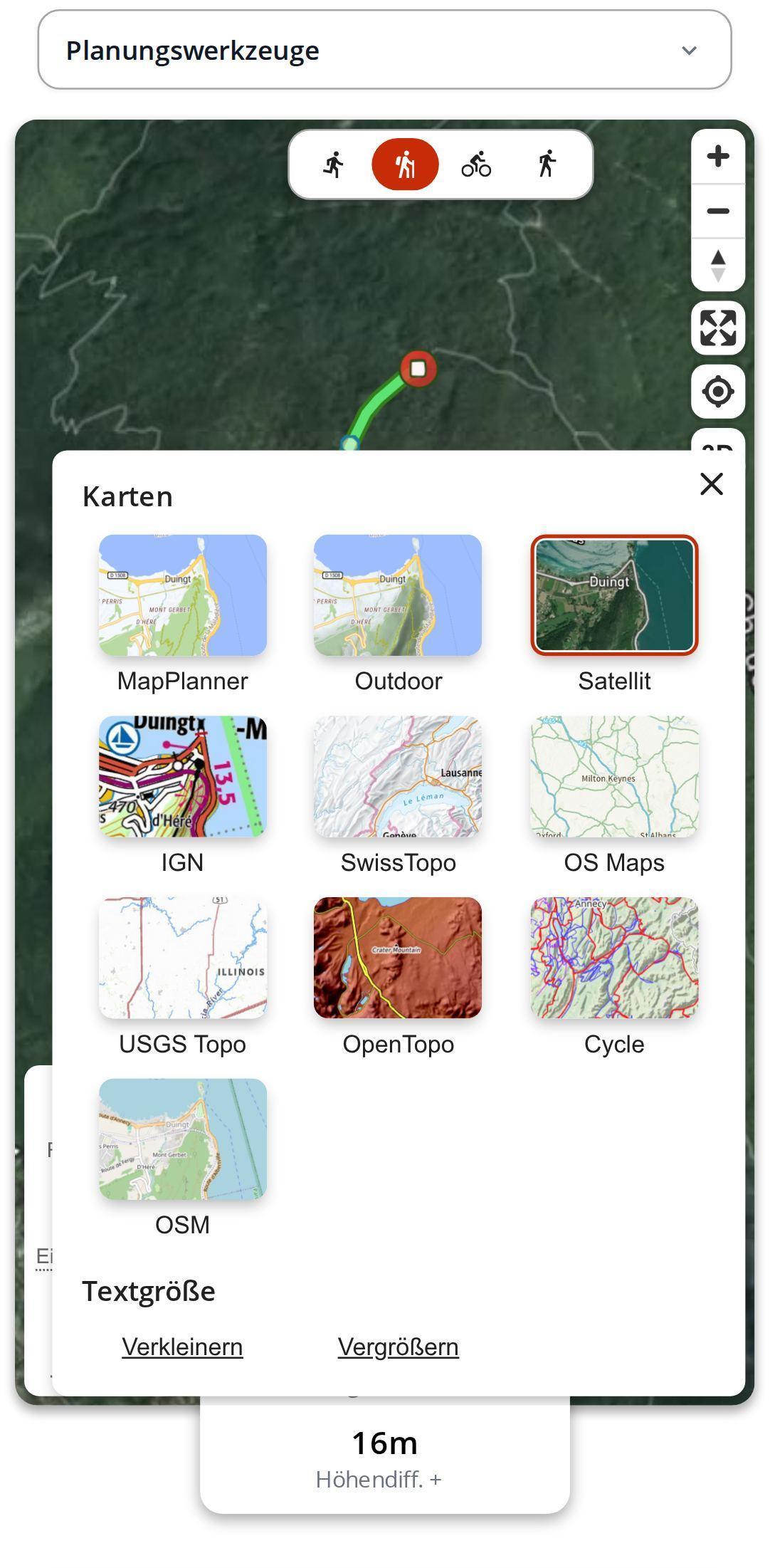 Geöffnetes Kartenmenü auf dem Smartphone in MapPlanner mit ausgewählter Satellitenansicht und der Einstellung der Textgröße