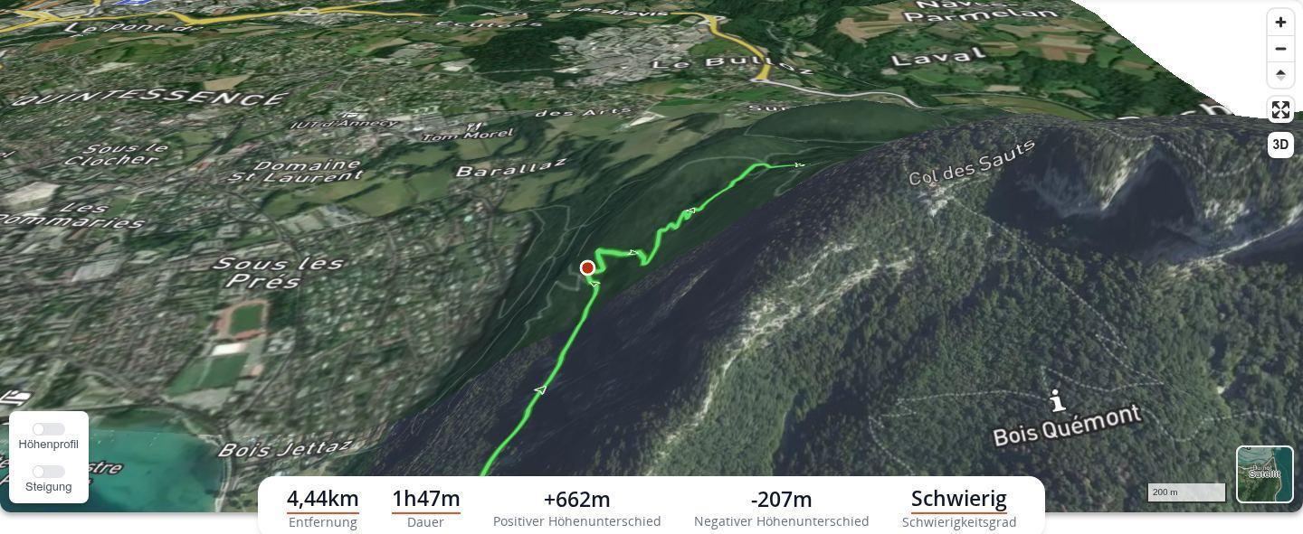 3D-Überflug einer Bergwanderung am Computer in MapPlanner: geneigte Satellitenansicht im Relief mit der Route und einem Positionsmarker während des Flugs