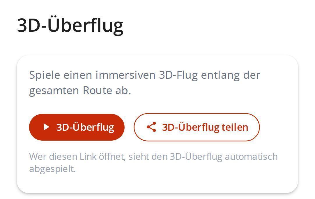 Block 3D-Überflug auf einer MapPlanner-Routenseite mit den Buttons 3D-Überflug und 3D-Überflug teilen