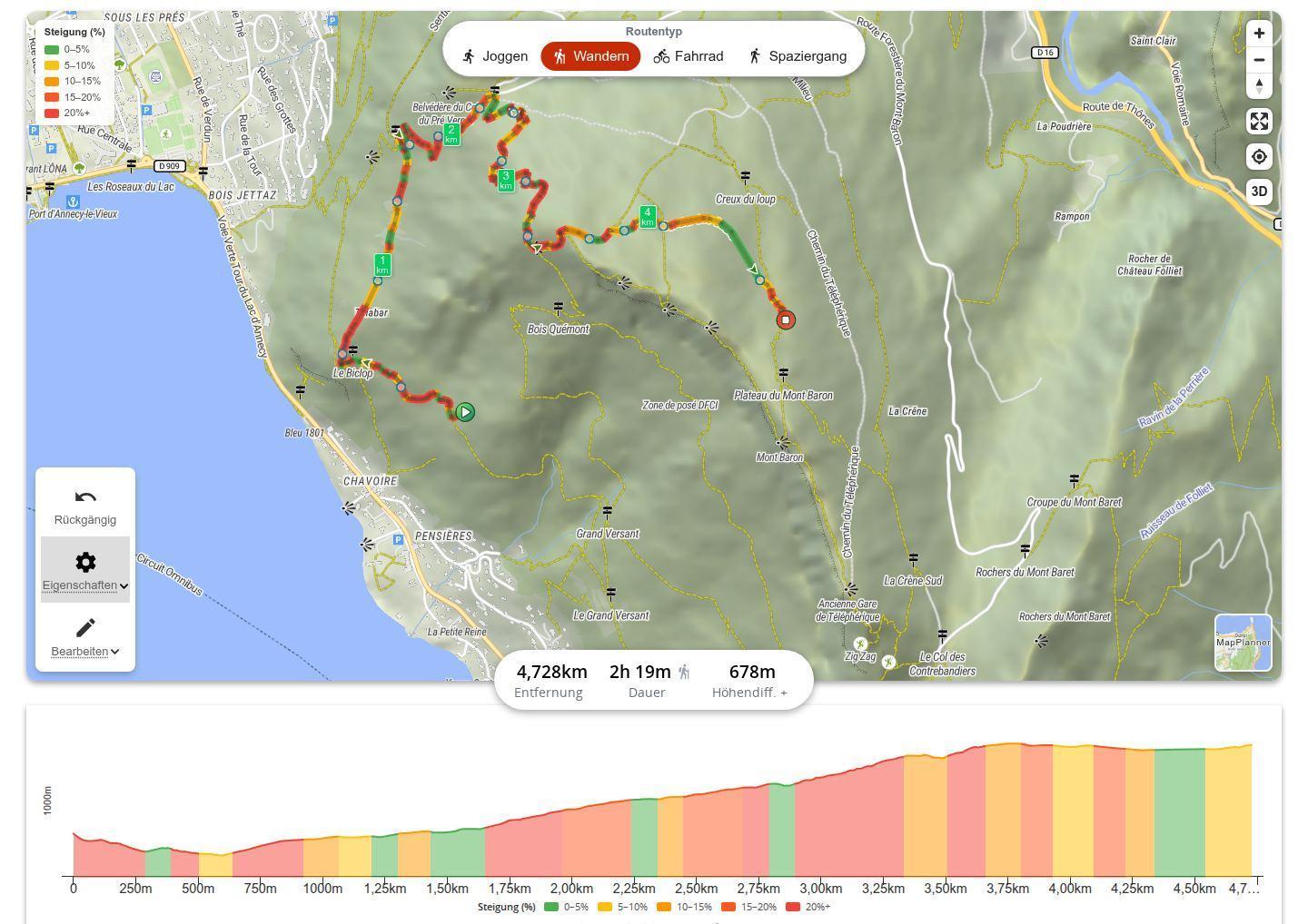 Im MapPlanner-Planer am Computer gezeichnete Wanderung, die Route von Grün bis Rot nach Steigung eingefärbt, mit der Steigungslegende in Prozent und dem farbigen Höhenprofil darunter