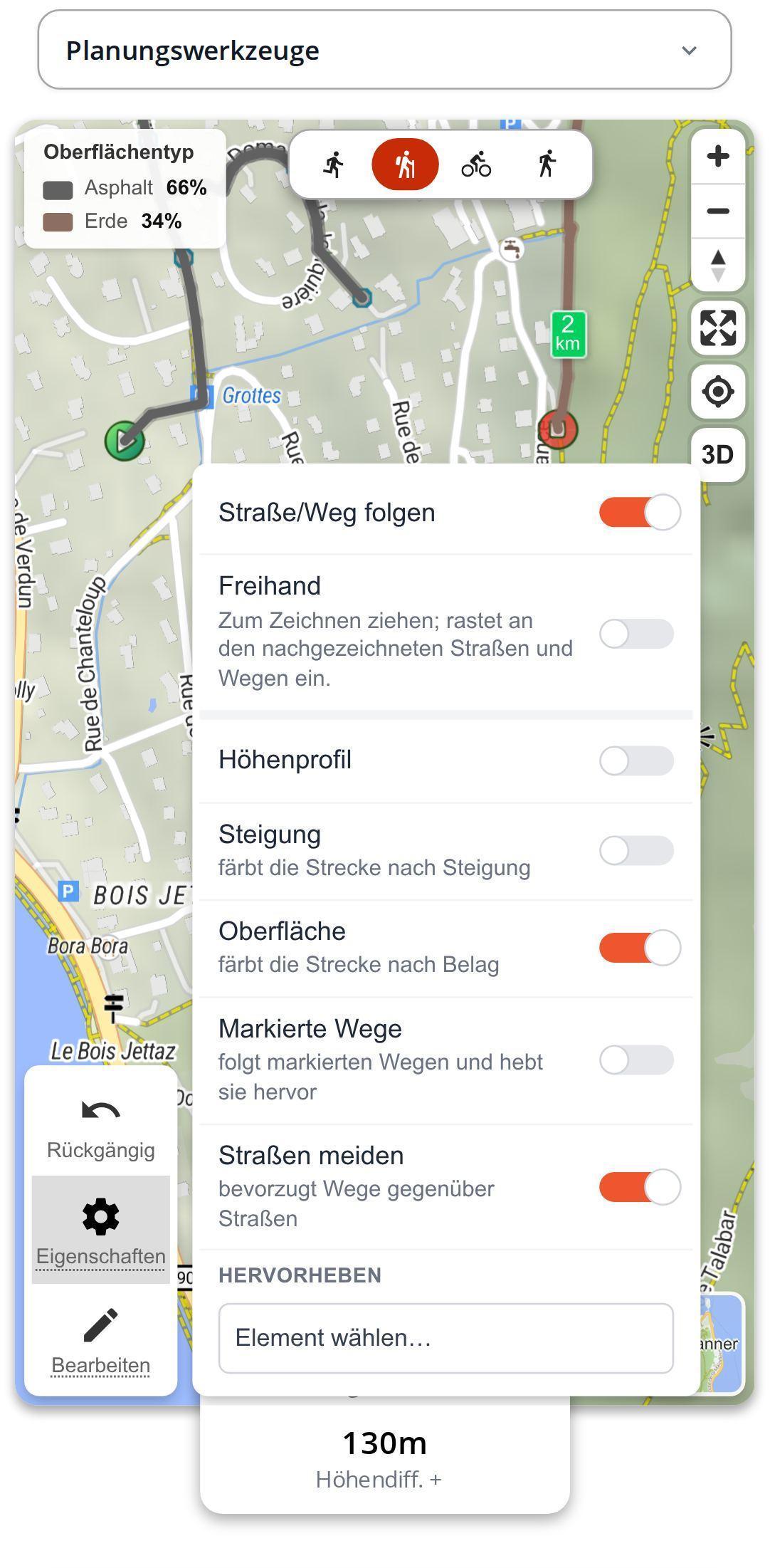 Geöffnetes Menü Eigenschaften auf dem Smartphone in MapPlanner mit den Schaltern Höhenprofil, Steigung und Oberfläche, die Route nach Untergrund eingefärbt mit der Legende Asphalt und Erde