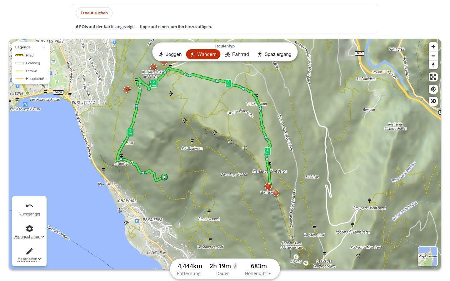 Im MapPlanner-Planer am Computer gezeichnete Wanderung mit Markern für vorgeschlagene POIs entlang der Route und über der Karte dem Button Erneut suchen