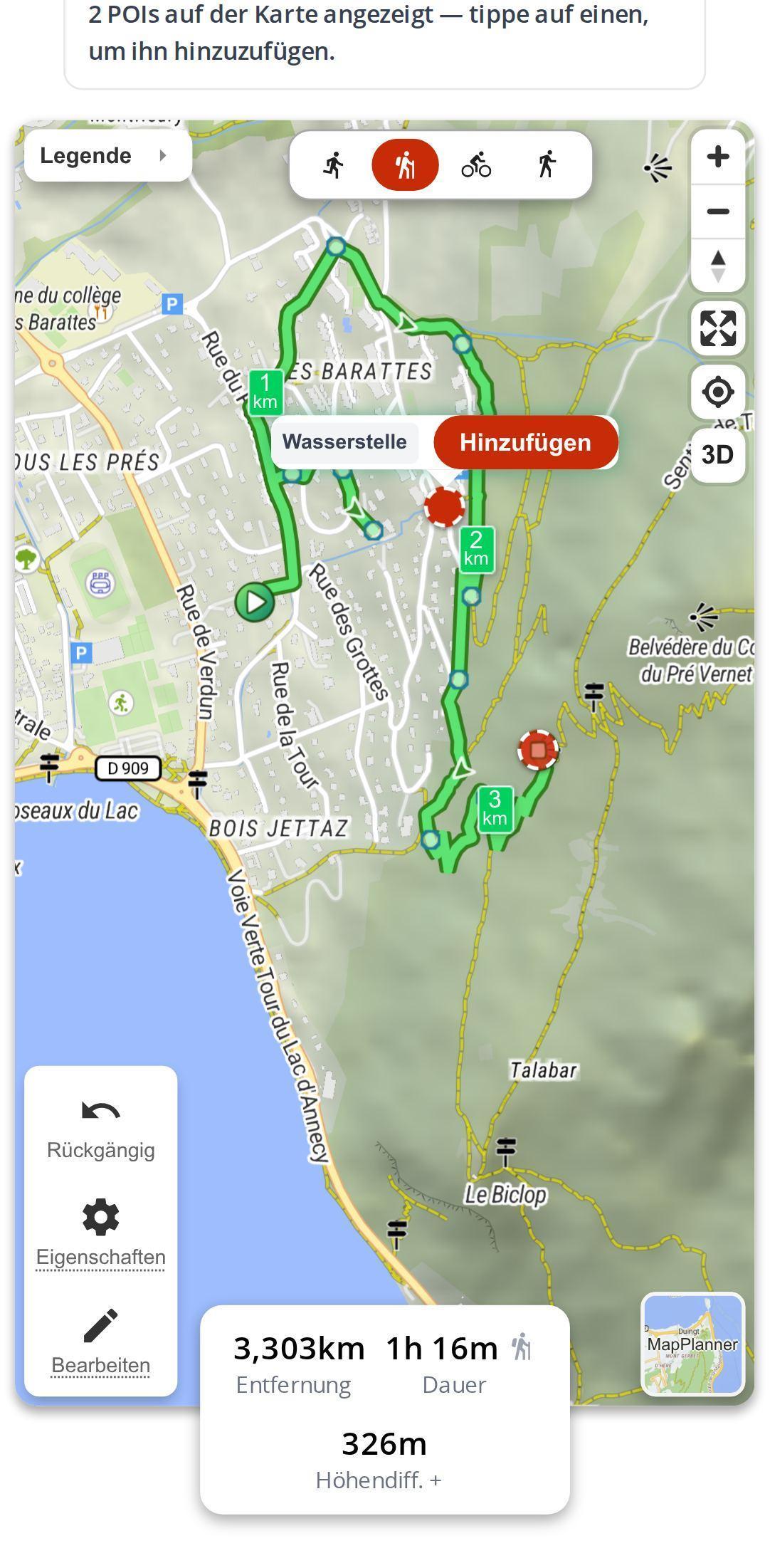 POI-Vorschläge auf dem Smartphone in MapPlanner: Marker entlang der Route und die Blase einer Wasserstelle mit dem Button Hinzufügen