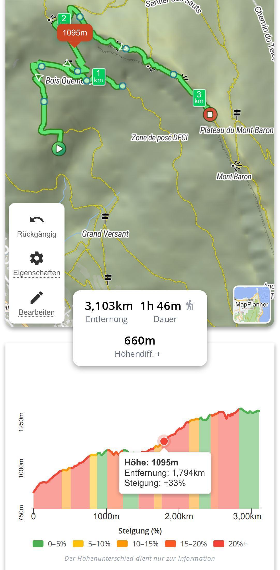 Höhenprofil einer Route auf dem Smartphone in MapPlanner, mit Infoblase zu Höhe, Entfernung und Steigung am berührten Punkt und der passenden Markierung auf der Karte