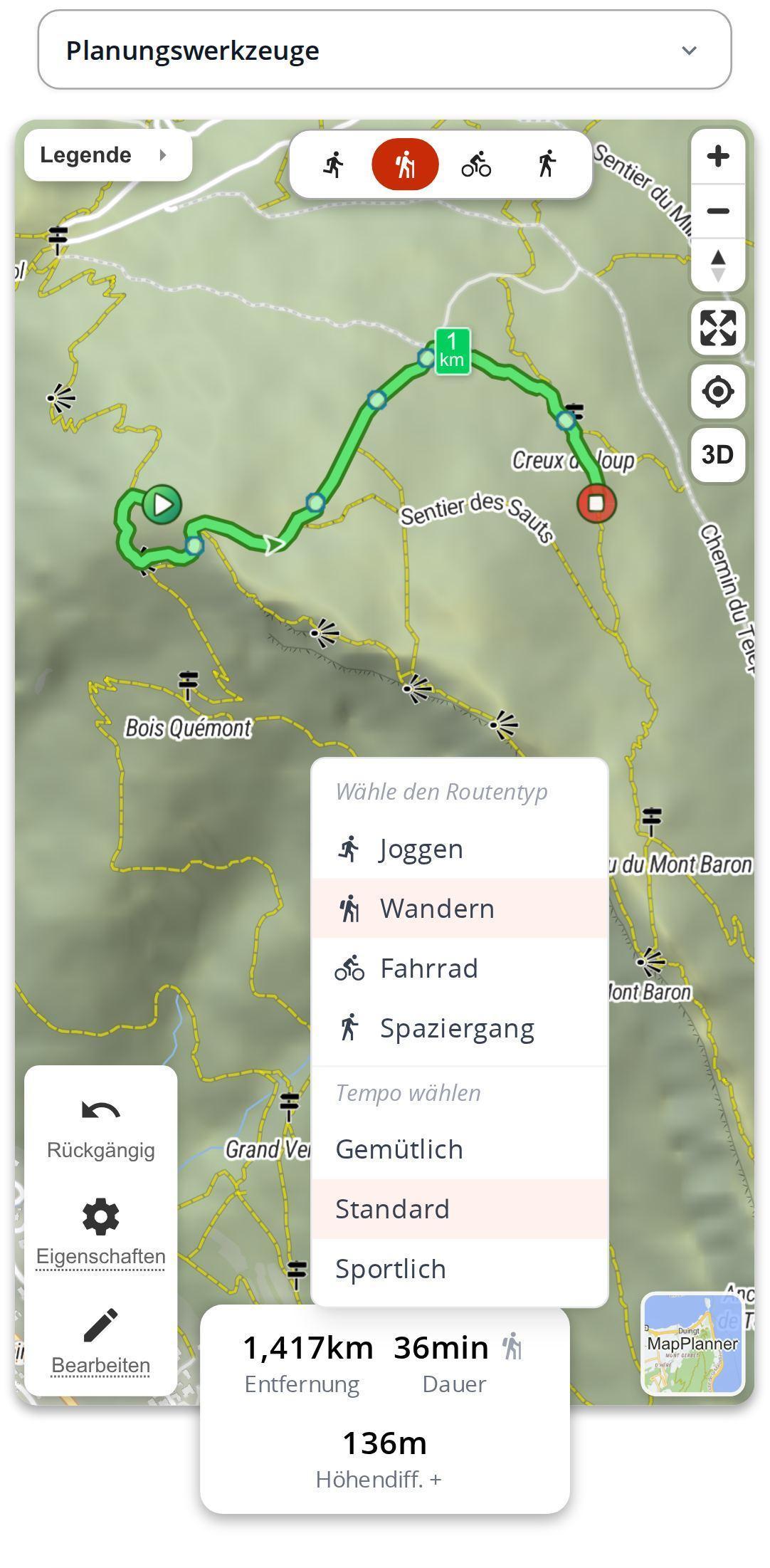 Menü der geschätzten Dauer auf dem Smartphone in MapPlanner, mit Auswahl von Routentyp und Tempo: gemütlich, Standard oder sportlich