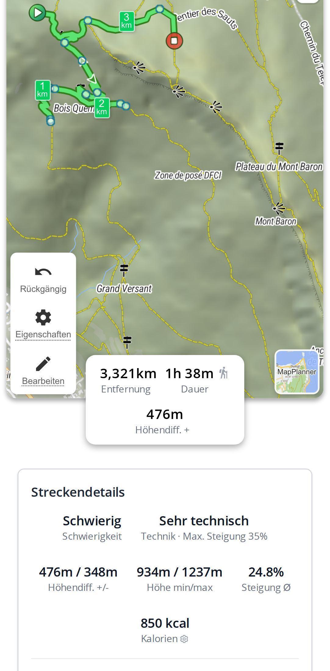 Schwierigkeit und Technik einer Wanderung auf dem Smartphone in MapPlanner, angezeigt in den Streckendetails unter der Karte