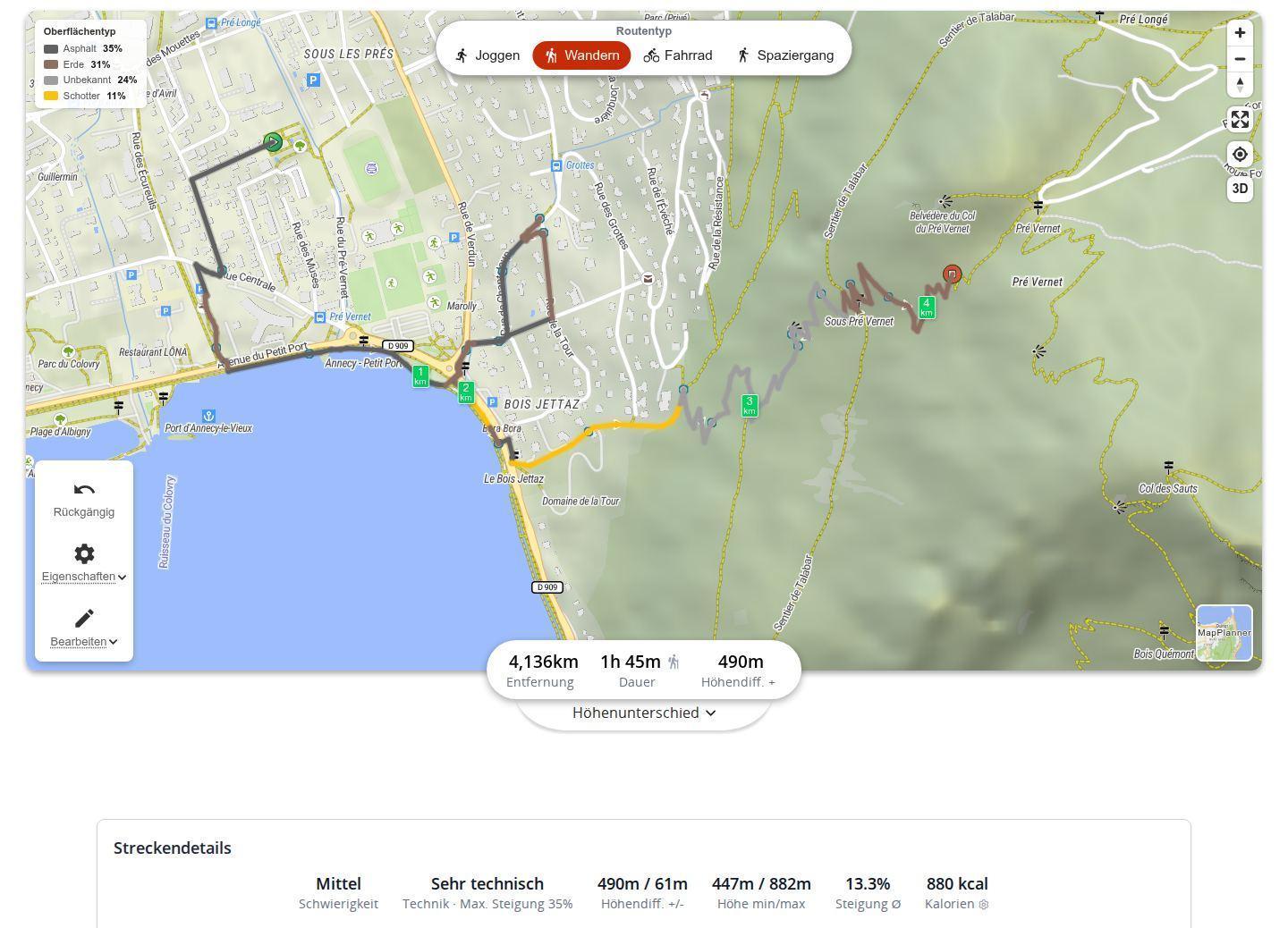 Nach Untergrund eingefärbte Wanderroute in MapPlanner, mit Legende zum Anteil jedes Belags und den Kalorien in den Streckendetails