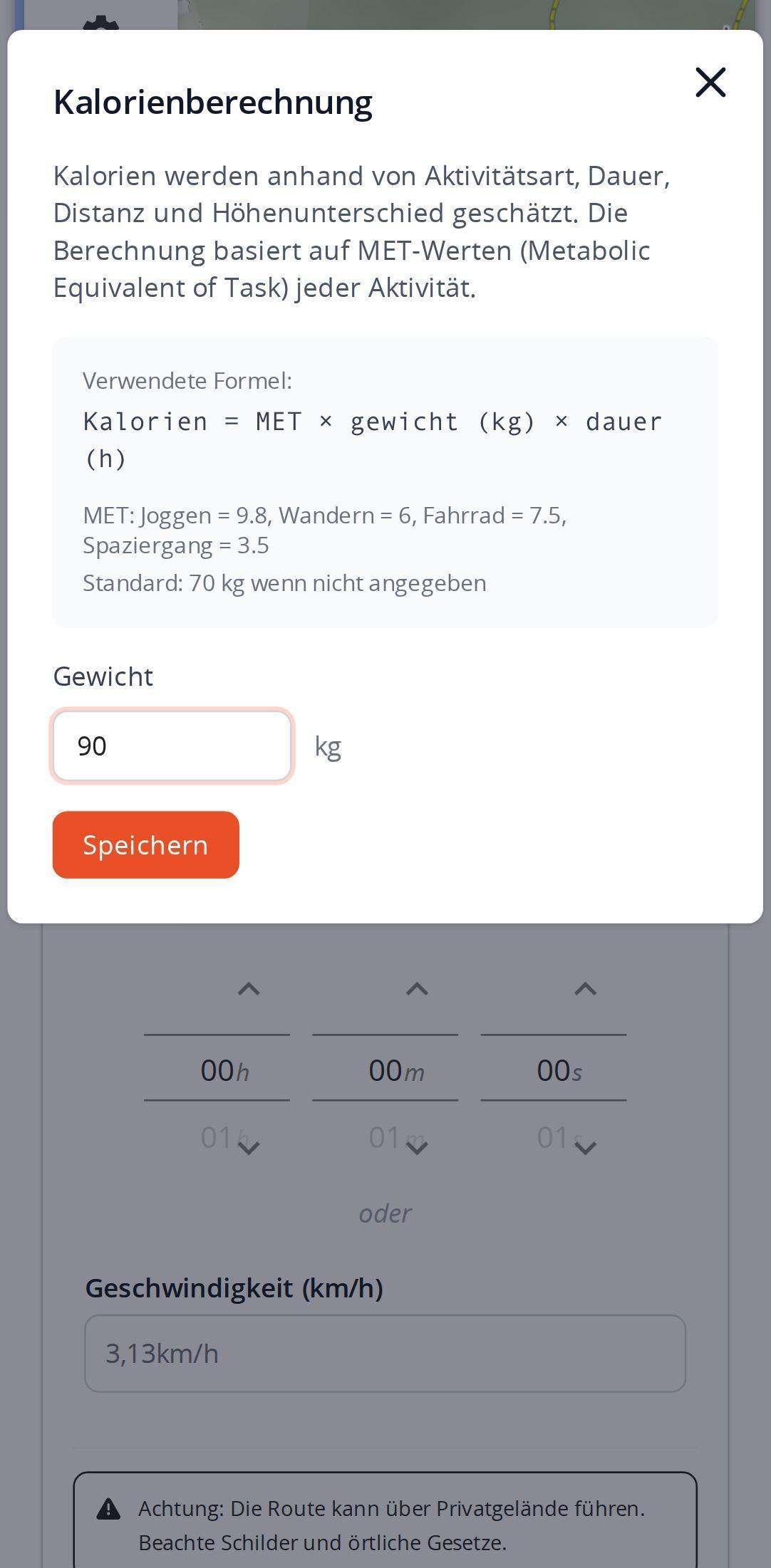 Fenster zur Kalorienberechnung auf dem Smartphone in MapPlanner, mit der verwendeten Formel, den MET-Werten pro Aktivität und dem Feld für das Gewicht