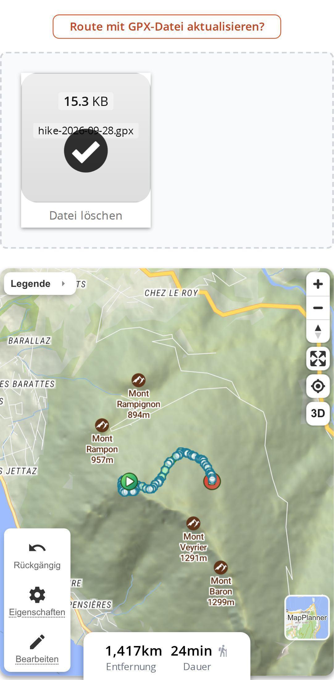 Aktualisierung einer Route aus einem GPX-Track auf dem Smartphone in MapPlanner: hochgeladene Datei und auf der Karte angezeigter Track mit Distanz und Zeit