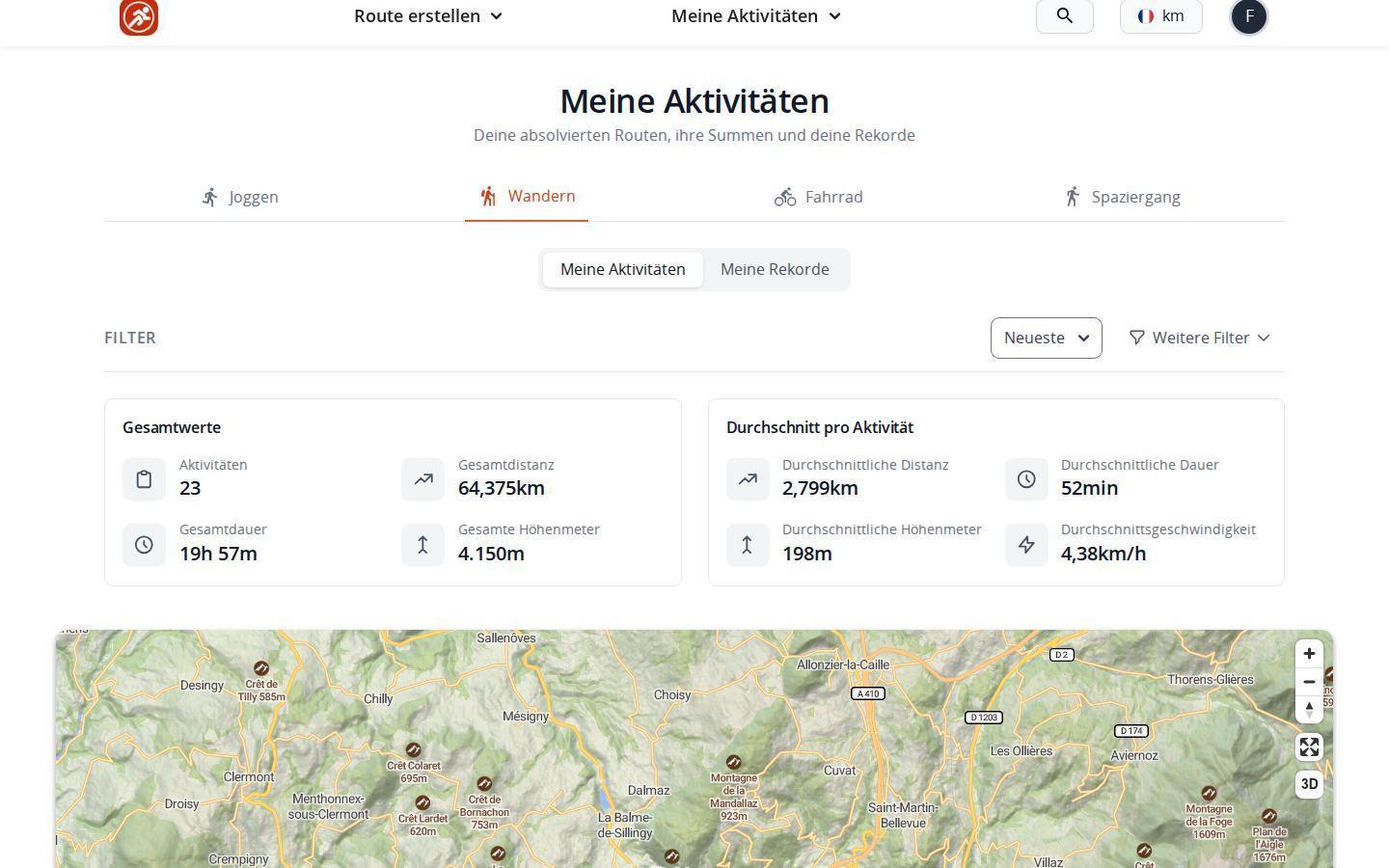 Seite deiner Aktivitäten am Computer in MapPlanner, mit Reitern pro Aktivität, Gesamtwerten (Anzahl der Aktivitäten, Distanz, Dauer und Höhenmeter) und Durchschnittswerten pro Aktivität über der Karte