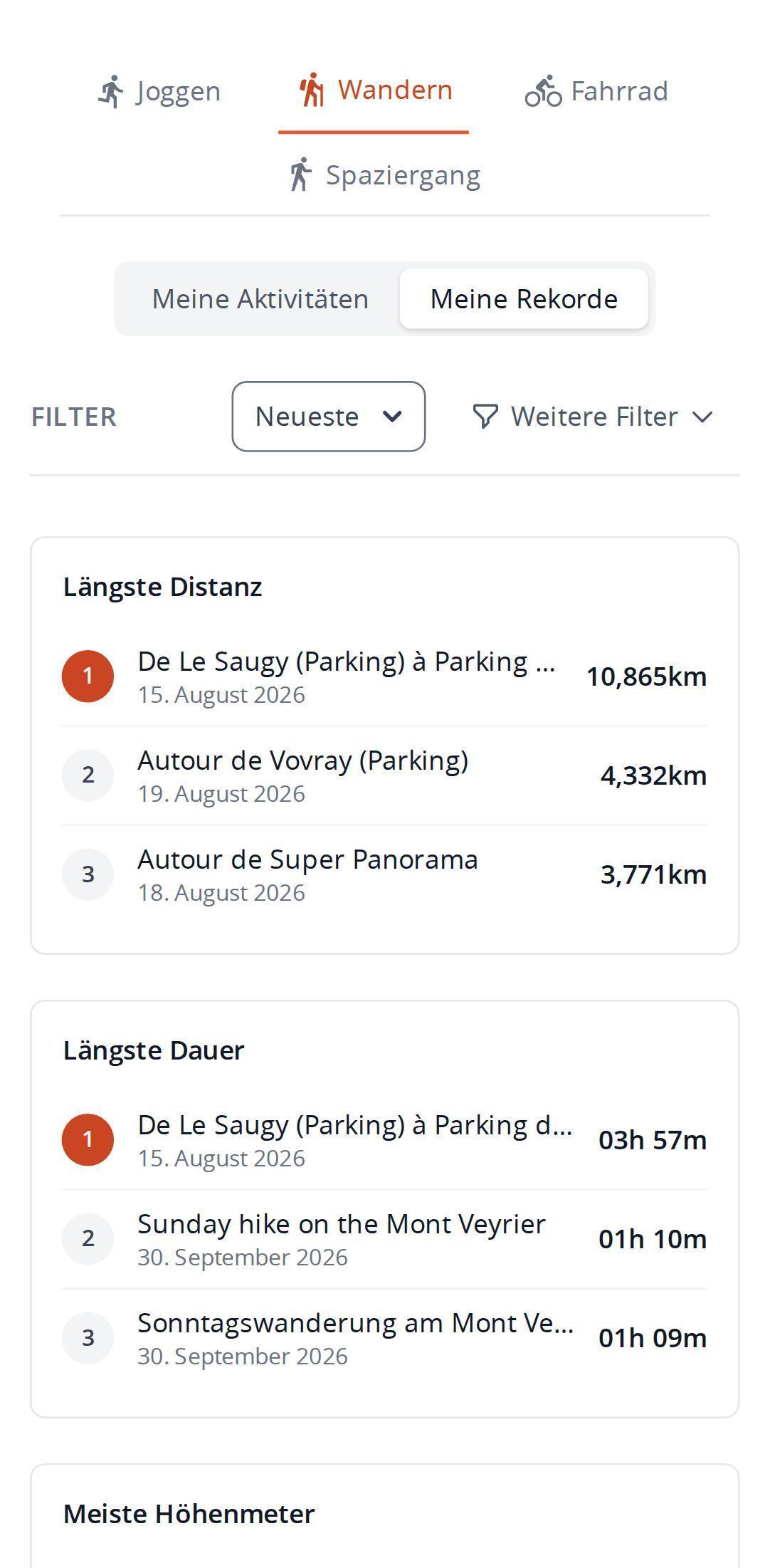 Rekordansicht auf dem Smartphone in MapPlanner, mit den drei besten Wanderungen für längste Distanz und längste Dauer samt Datum