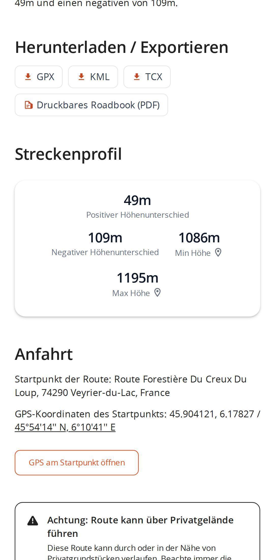Exportoptionen einer Routenseite auf dem Smartphone in MapPlanner: GPX-, KML- und TCX-Dateien und das druckbare PDF-Roadbook