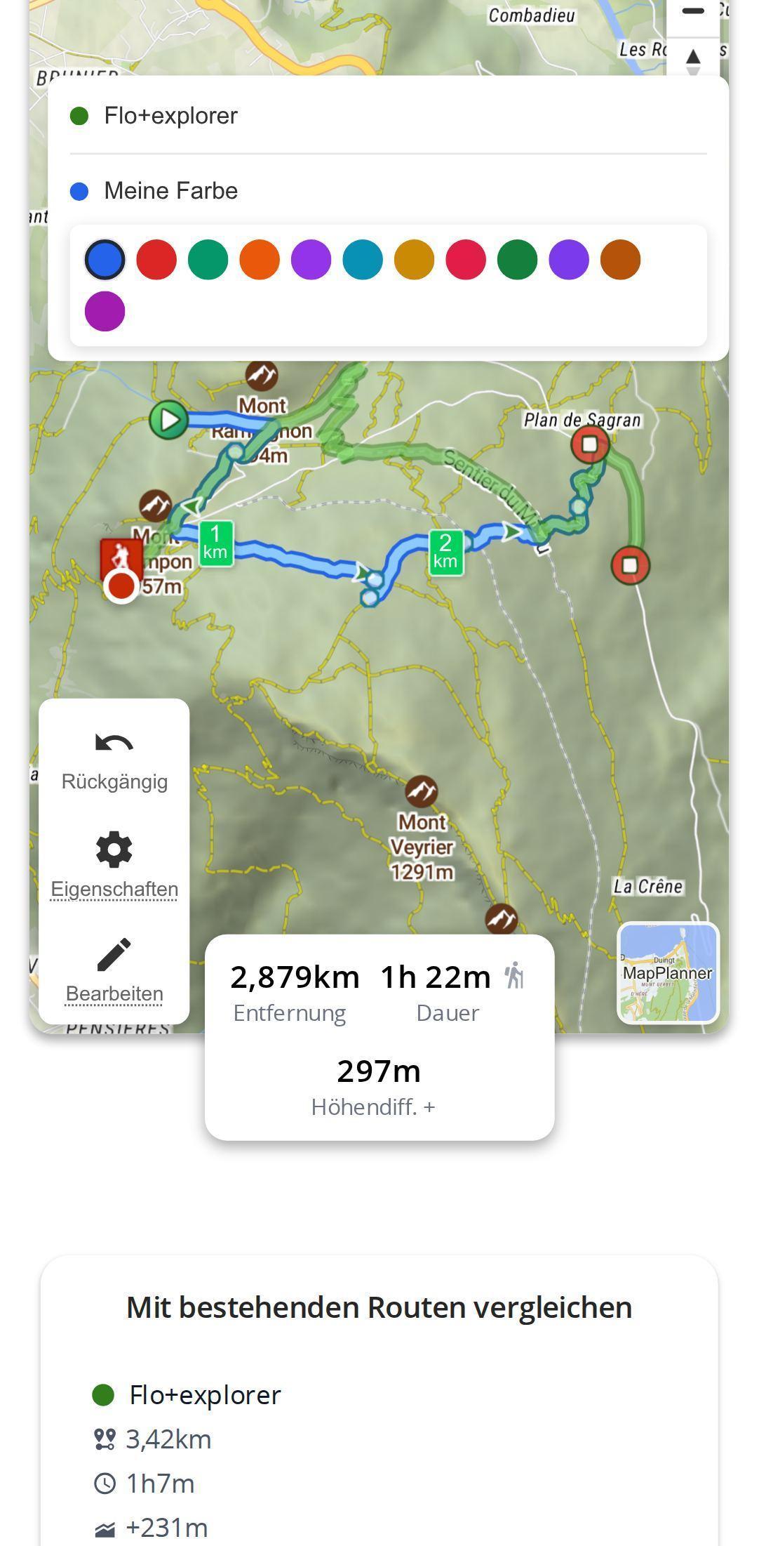 Vorschlag einer alternativen Route auf dem Smartphone in MapPlanner: Route wird auf der Karte gezeichnet, Farbauswahl des Teilnehmers und Tabelle zum Vergleich mit den bestehenden Routen