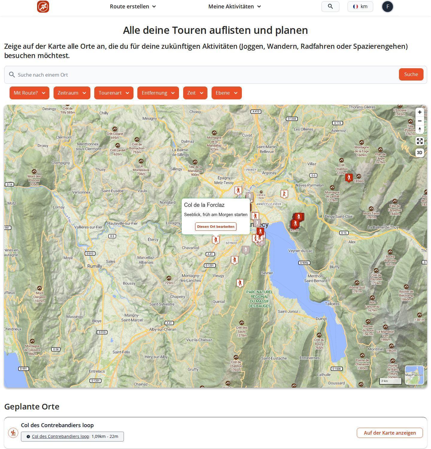 Planungsseite von MapPlanner am Computer: Karte mit mehreren geplanten Orten und dem geöffneten Infofenster eines Ortes, Filter über der Karte und die Liste der geplanten Orte darunter