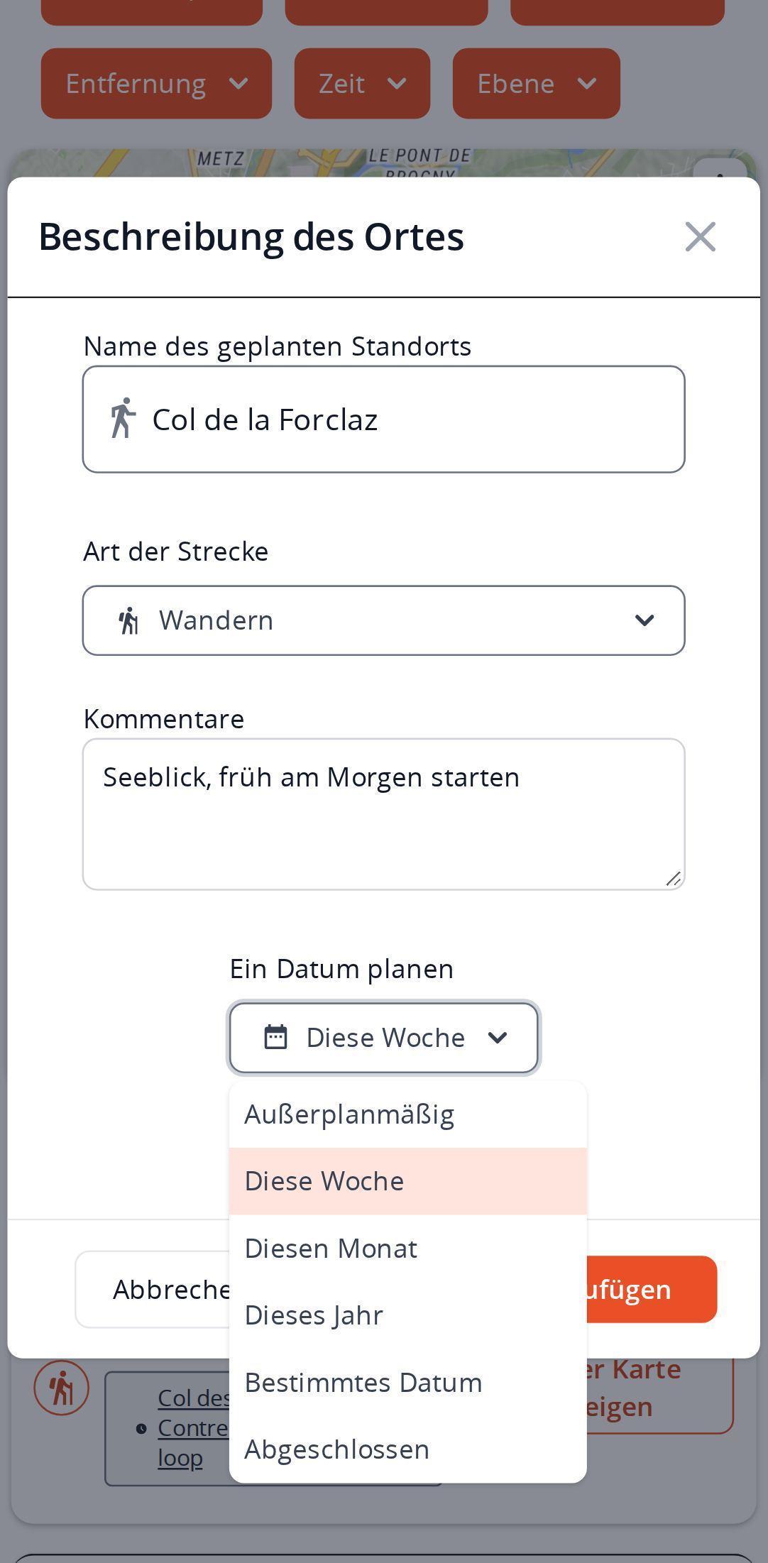 Fenster zur Beschreibung eines Ortes auf dem Smartphone in MapPlanner: Name des Ortes, Wandern als Sportart, eine Notiz und das aufgeklappte Terminmenü mit allen Optionen, vom offenen Termin bis zur erledigten Tour