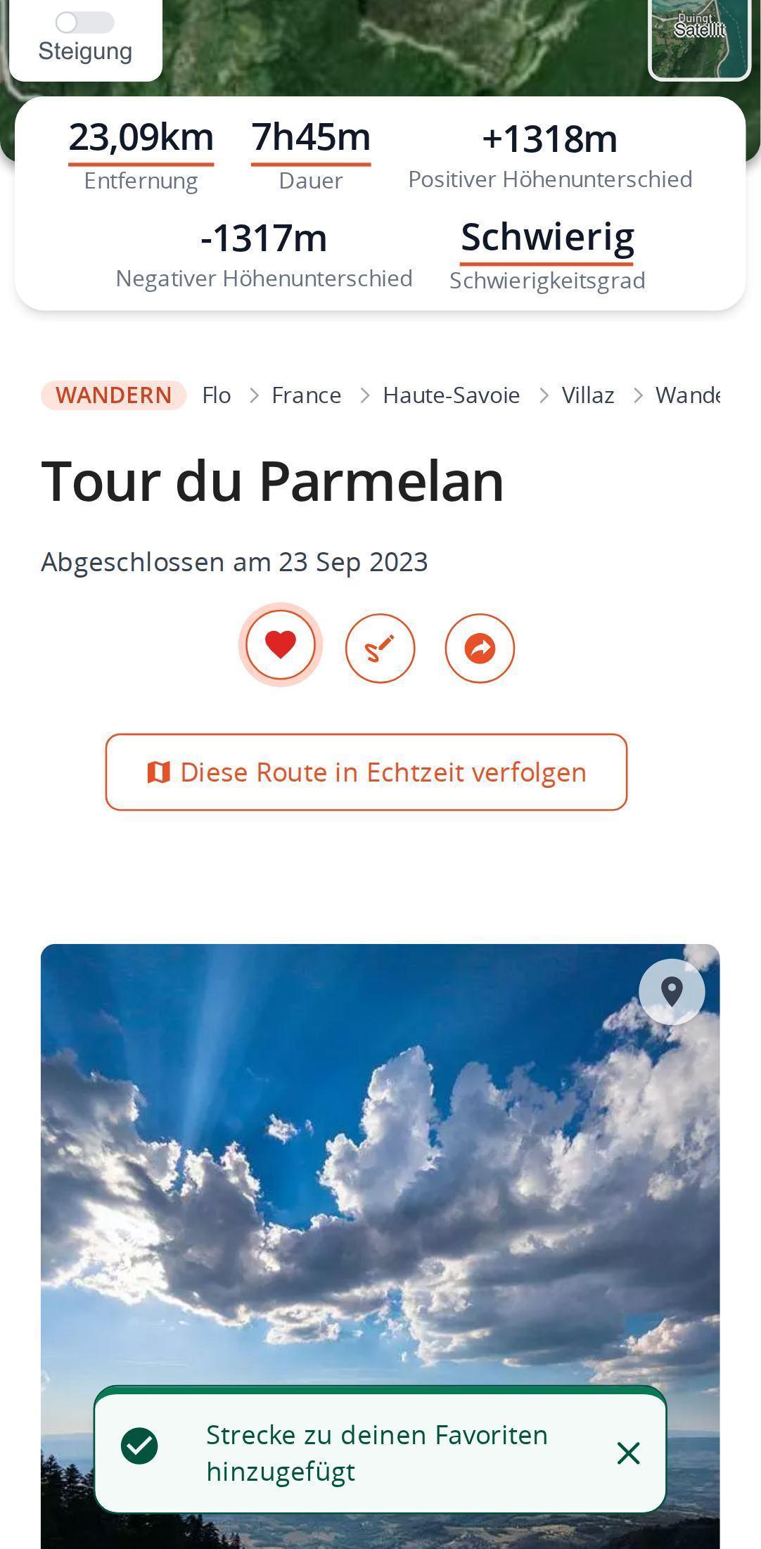 Streckenseite auf dem Smartphone in MapPlanner: Das Herz wurde gerade angetippt und wird rot, dazu die Meldung, dass die Strecke zu den Favoriten hinzugefügt wurde