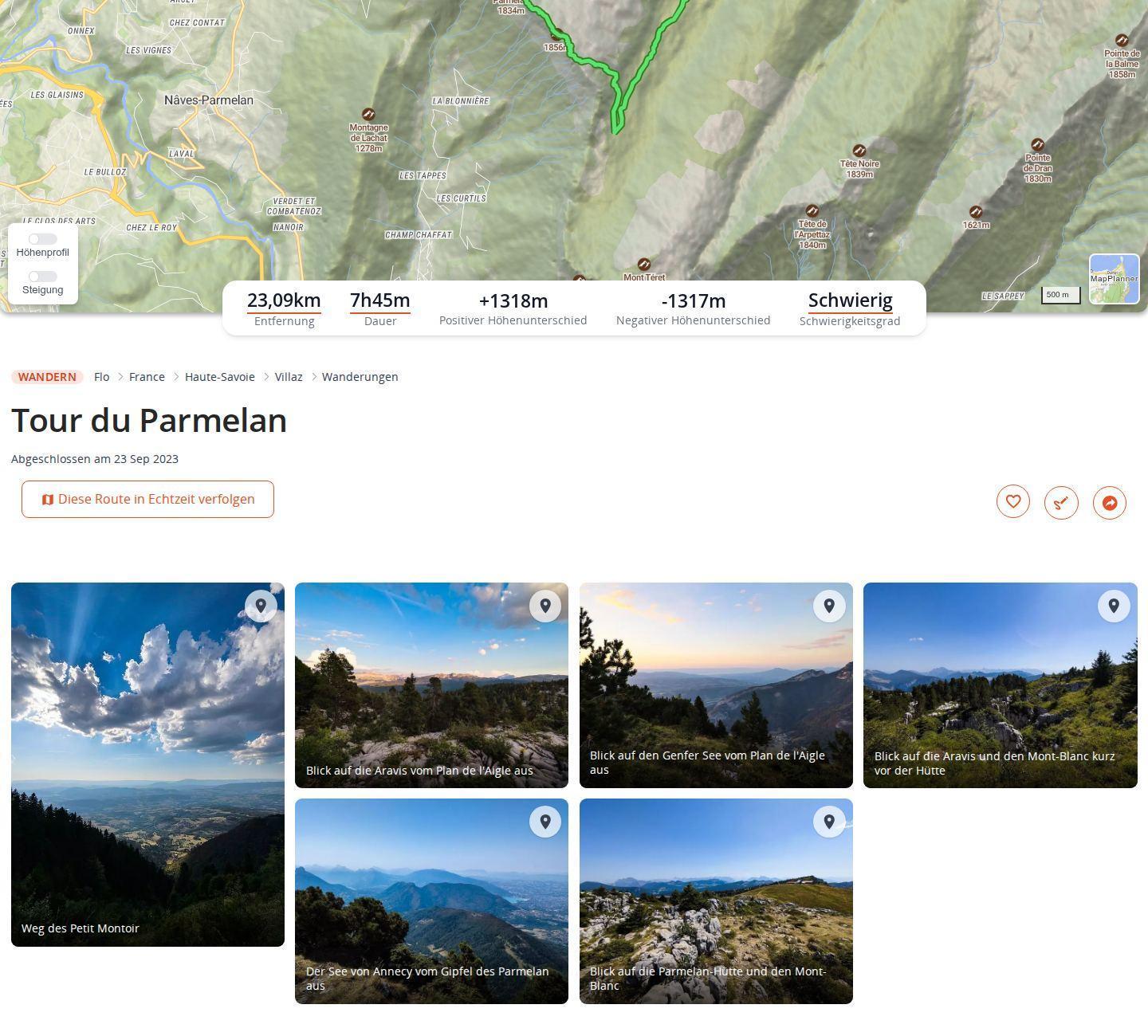 Routenseite einer Wanderung in MapPlanner am Computer: Karte der Route, Statistikleiste mit Distanz, Dauer, Höhenmetern und Schwierigkeitsgrad, darunter eine Fotogalerie mit Bildunterschriften