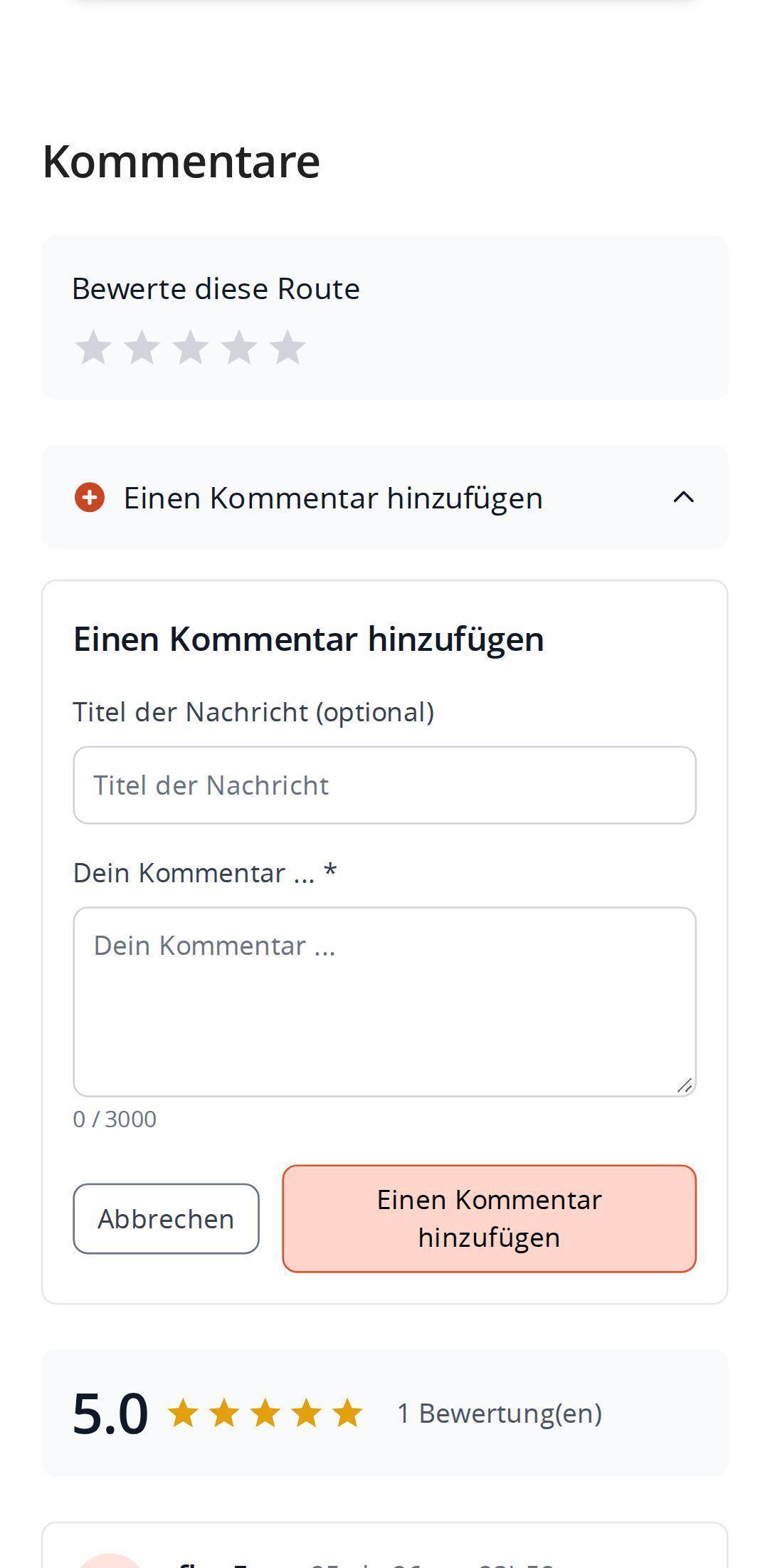 Kommentarbereich einer Route auf dem Smartphone in MapPlanner: Sterne zum Bewerten der Route, geöffnetes Formular für einen neuen Kommentar und darunter die Durchschnittsbewertung